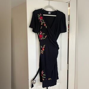Embroidered floral wrap dress